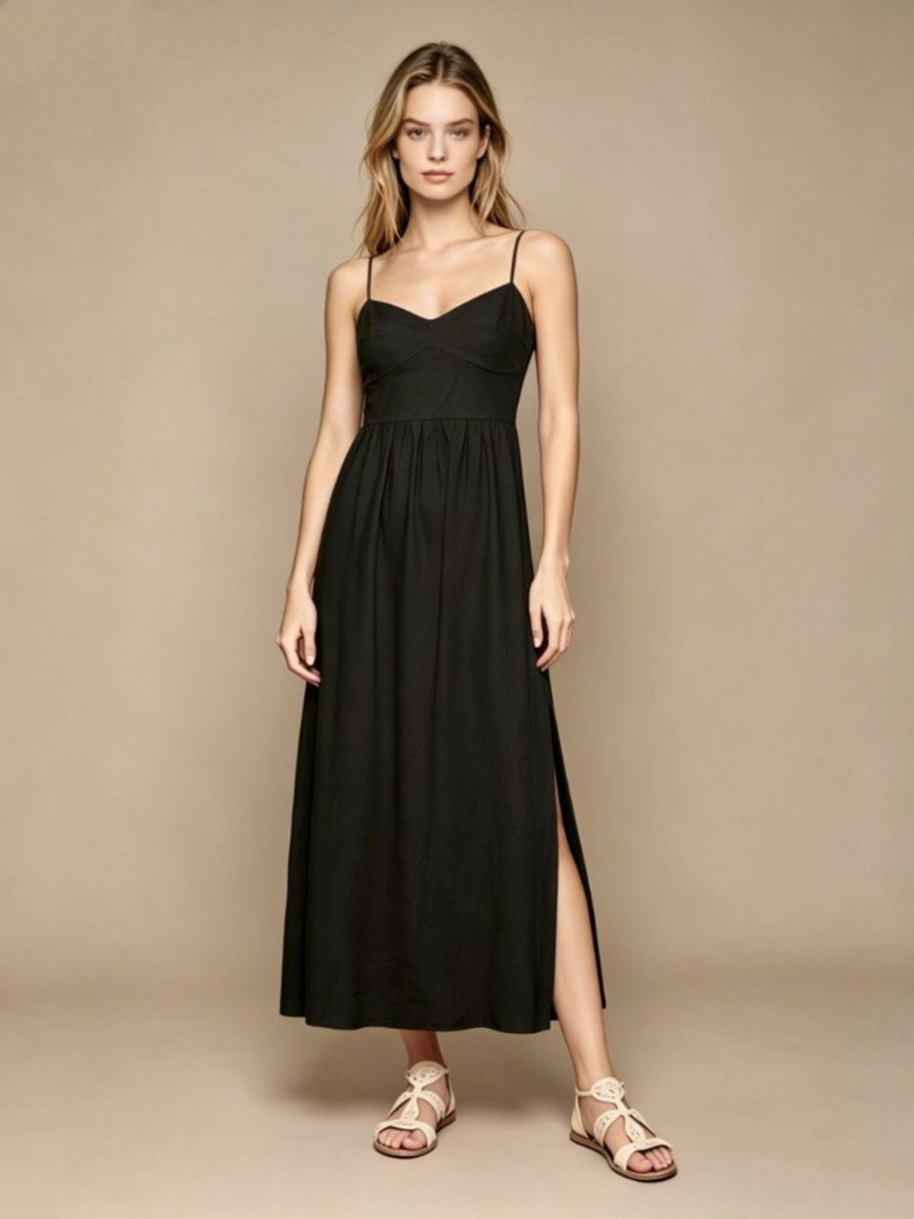 NWOT Farm Rio Linen Blend Black Sleeveless Maxi Dress Size M